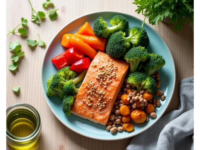 Image of a balanced meal with colourful vegetables and lean protein.