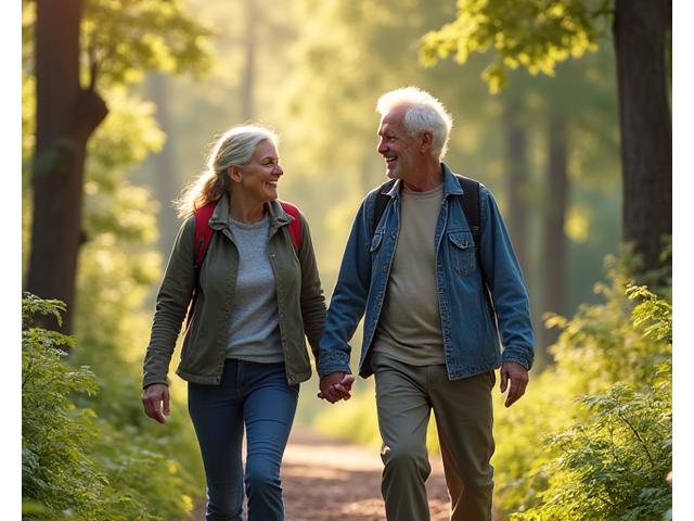 Senior couple enjoying a walk in nature, active and vibrant.