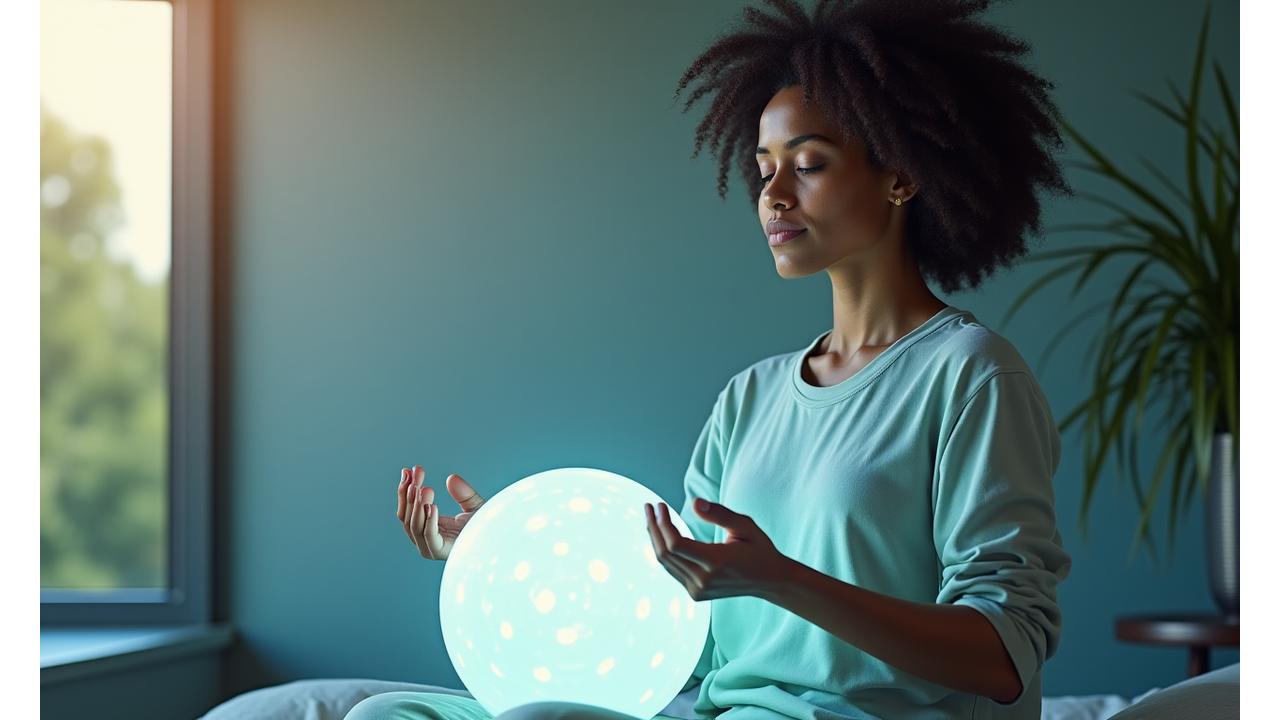 An individual meditating in a serene environment, hands resting on a glowing, transparent digital sphere that shows calm, minimalist data visuals, representing a balanced relationship with technology. The background features blurred, soft natural light through a window.