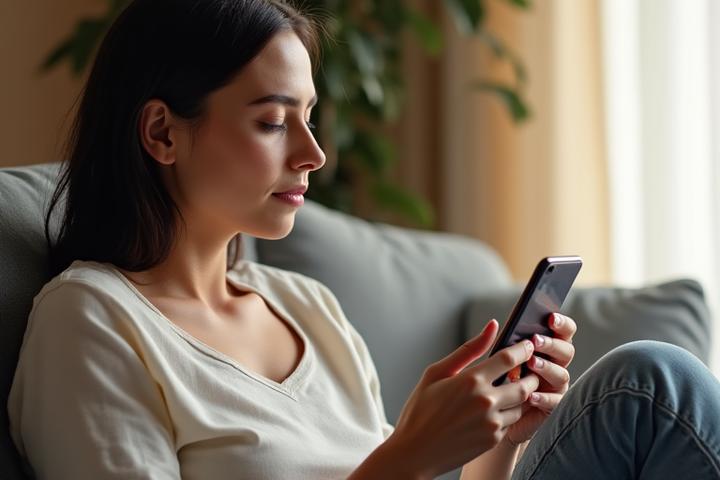 A person sitting calmly in a natural, light-filled space, holding a smartphone with a soft, glowing light, indicating thoughtful and peaceful interaction with technology. The image emphasizes presence over distraction.