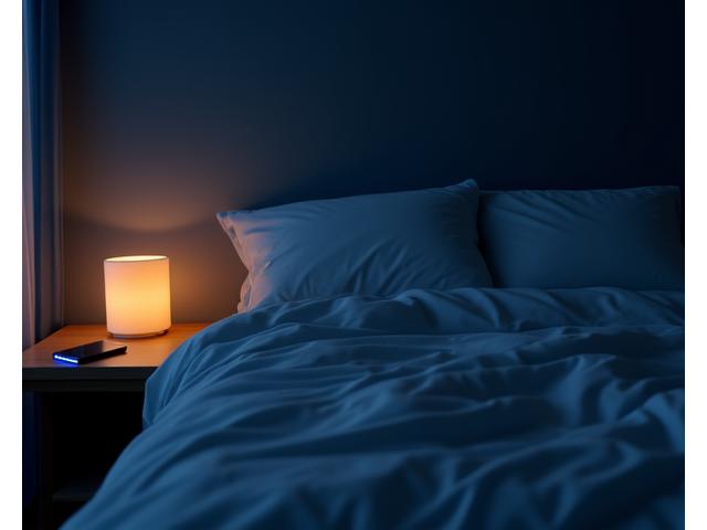 A dark, serene bedroom with a glowing, soft blue light emanating from a phone screen placed face down on a nightstand, symbolizing minimal and controlled technology presence for optimal sleep. The bed is inviting.