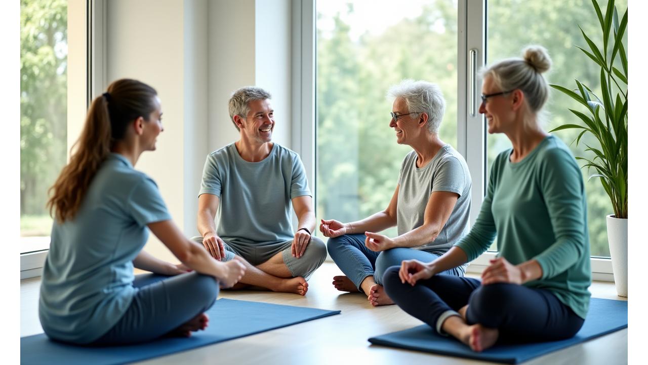 Diverse group of adults 35+ engaged in various wellness activities like yoga, hiking, and mindful meditation in a bright, modern setting.
