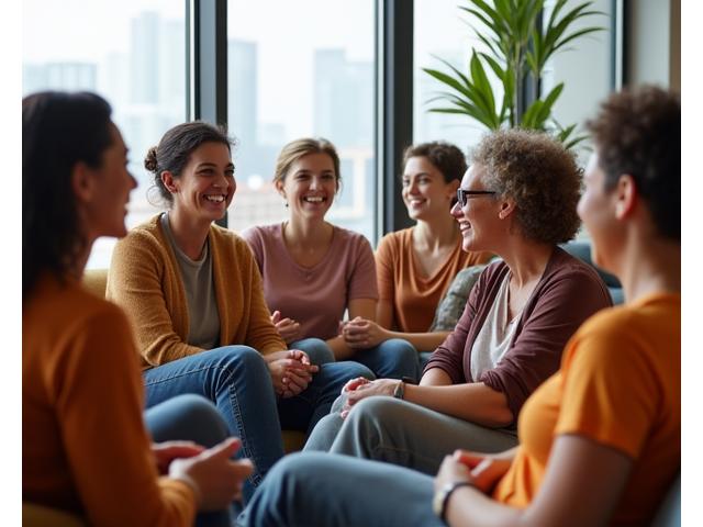 Diverse group of people smiling and interacting in a community gathering