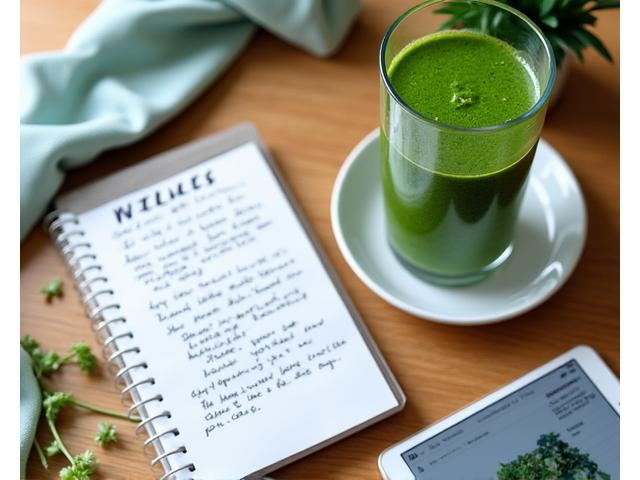Latest health blog post with a vibrant green juice and open notebook