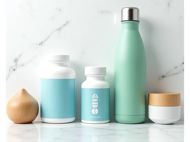 Selection of wellness products like supplements and essential oils on a minimalist shelf