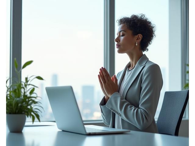 Professional woman in her late 30s-early 40s meditating briefly at her modern office desk