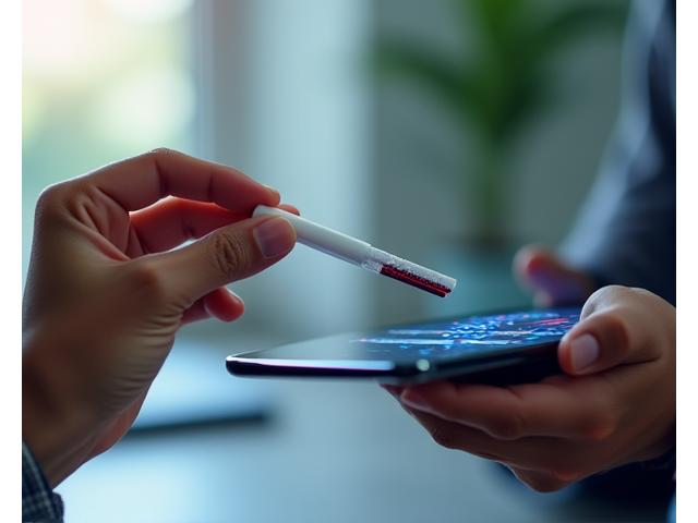 Close-up of a person's hand holding a DNA test swab, with a blurred background displaying a smartphone screen showing genetic sequence data.