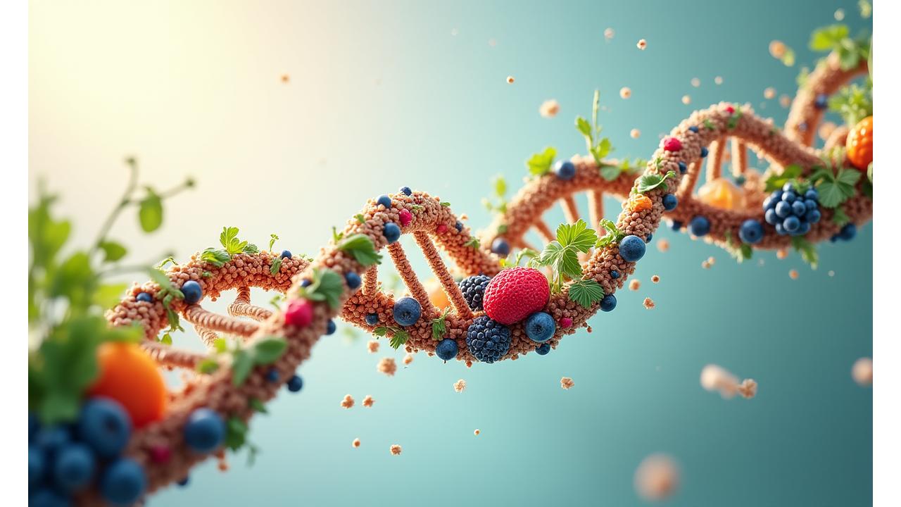 Abstract representation of a shimmering DNA helix intertwined with vibrant, healthy food illustrations like leafy greens, berries, and nuts, all against a clean, bright background.