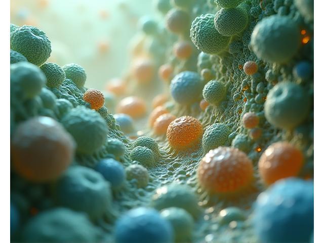 Stylized abstract visualization of a healthy gut microbiome with diverse, colorful bacterial cells flowing dynamically, representing nutrient exchange and gut health.