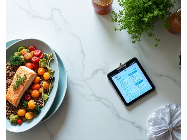 Overhead view of a kitchen counter with a meticulously prepared, colorful, healthy meal alongside a tablet displaying a personalized nutrition plan and a genetic report.