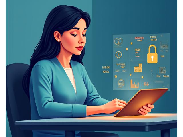 Illustration of a person interacting with a secure digital interface, symbols of personal data around them, protected by a lock icon.