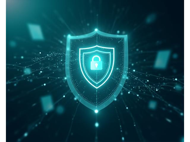 Abstract depiction of data security with a glowing shield over various data points.
