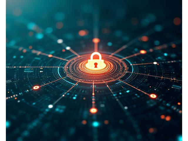 Futuristic security interface with glowing lock and interconnected abstract data nodes, symbolizing robust digital protection.